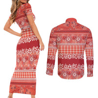 Hawaiian Hibiscus Honu Couples Matching Short Sleeve Bodycon Dress and Long Sleeve Button Shirt Red Mele Kalikimaka Palaka Spirit - Polynesian Pride