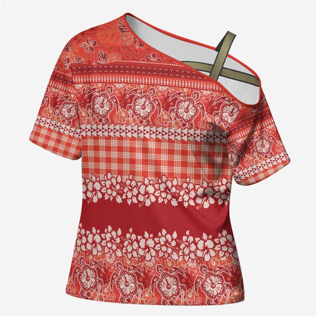 Hawaiian Hibiscus Honu Cross Shoulder Shirt Red Mele Kalikimaka Palaka Spirit - Polynesian Pride