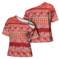 Hawaiian Hibiscus Honu Cross Shoulder Shirt Red Mele Kalikimaka Palaka Spirit - Polynesian Pride
