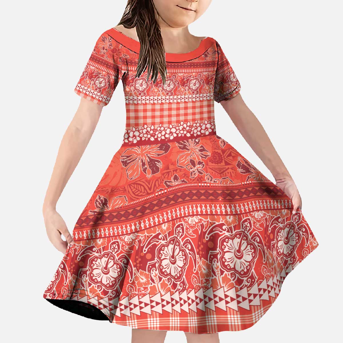 Hawaiian Hibiscus Honu Family Matching Off The Shoulder Long Sleeve Dress and Hawaiian Shirt Red Mele Kalikimaka Palaka Spirit - Polynesian Pride