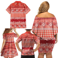 Hawaiian Hibiscus Honu Family Matching Off Shoulder Short Dress and Hawaiian Shirt Red Mele Kalikimaka Palaka Spirit - Polynesian Pride