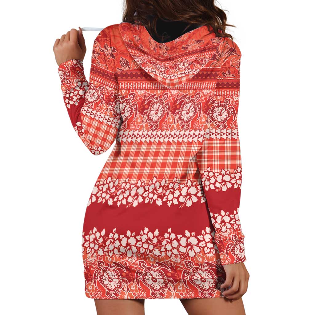 Hawaiian Hibiscus Honu Hoodie Dress Red Mele Kalikimaka Palaka Spirit - Polynesian Pride