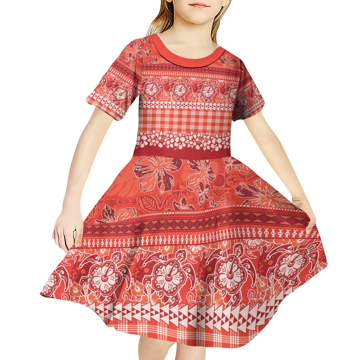 Hawaiian Hibiscus Honu Kid Short Sleeve Dress Red Mele Kalikimaka Palaka Spirit - Polynesian Pride