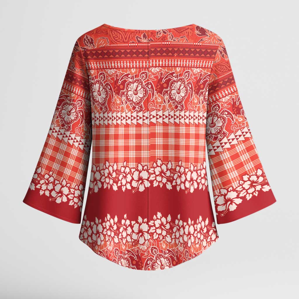 Hawaiian Hibiscus Honu Kimono Sleeve Blouse Red Mele Kalikimaka Palaka Spirit - Polynesian Pride