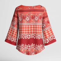 Hawaiian Hibiscus Honu Kimono Sleeve Blouse Red Mele Kalikimaka Palaka Spirit - Polynesian Pride