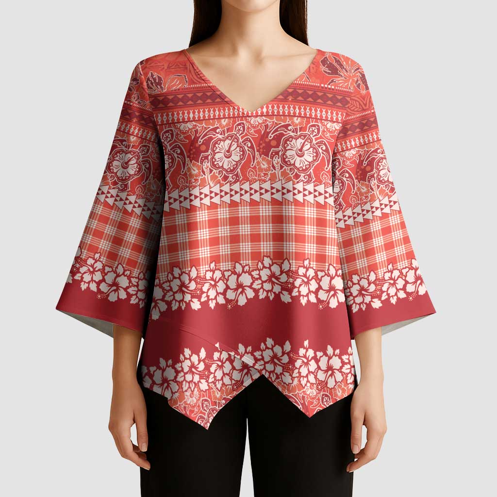 Hawaiian Hibiscus Honu Kimono Sleeve Blouse Red Mele Kalikimaka Palaka Spirit - Polynesian Pride