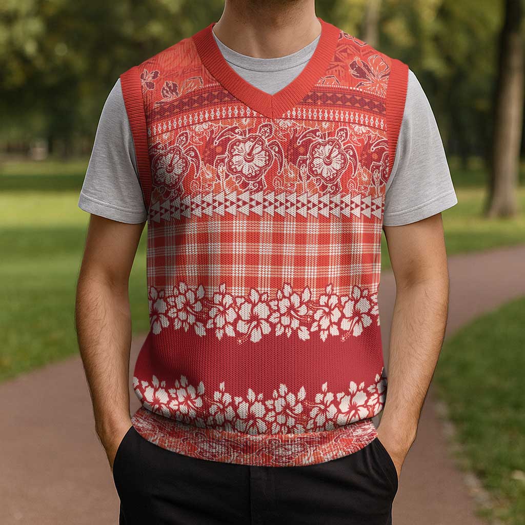 Hawaiian Hibiscus Honu Christmas Knitted V-Neck Vest Red Mele Kalikimaka Palaka Spirit - Polynesian Pride