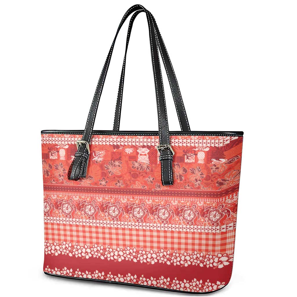 Hawaiian Hibiscus Honu Leather Tote Bag Red Mele Kalikimaka Palaka Spirit - Polynesian Pride