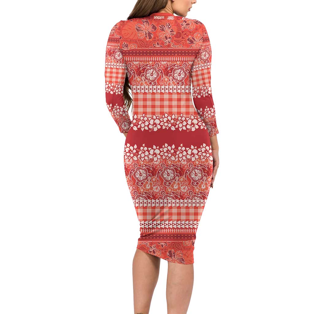 Hawaiian Hibiscus Honu Long Sleeve Bodycon Dress Red Mele Kalikimaka Palaka Spirit - Polynesian Pride