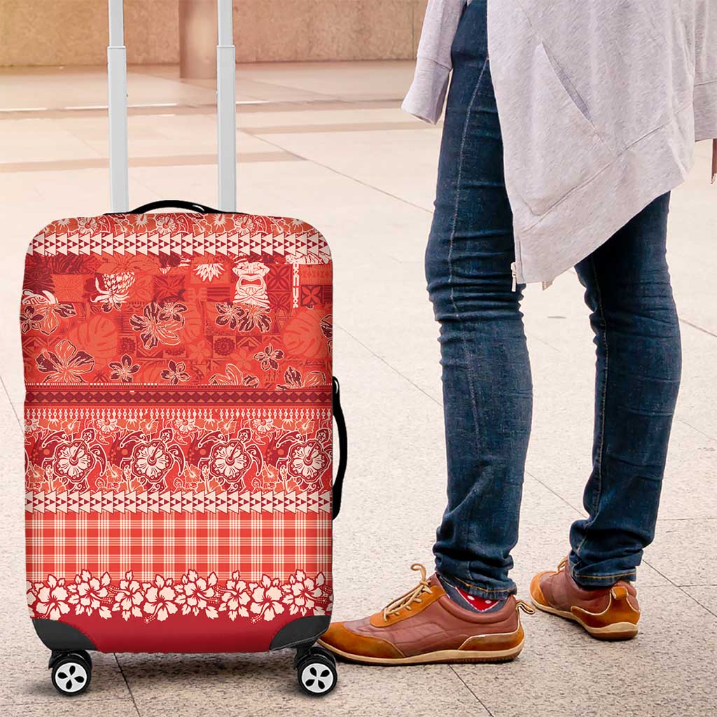 Hawaiian Hibiscus Honu Luggage Cover Red Mele Kalikimaka Palaka Spirit - Polynesian Pride