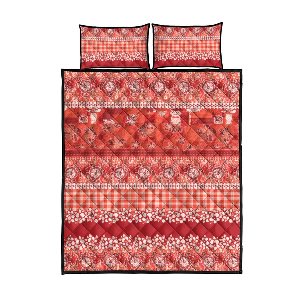 Hawaiian Hibiscus Honu Quilt Bed Set Red Mele Kalikimaka Palaka Spirit - Polynesian Pride