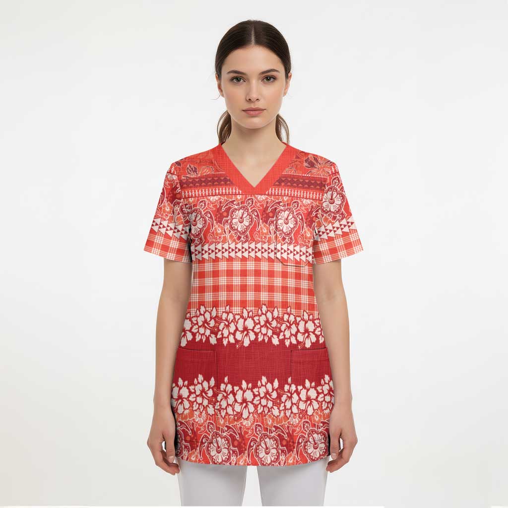 Hawaiian Hibiscus Honu Scrub Top Red Mele Kalikimaka Palaka Spirit - Polynesian Pride