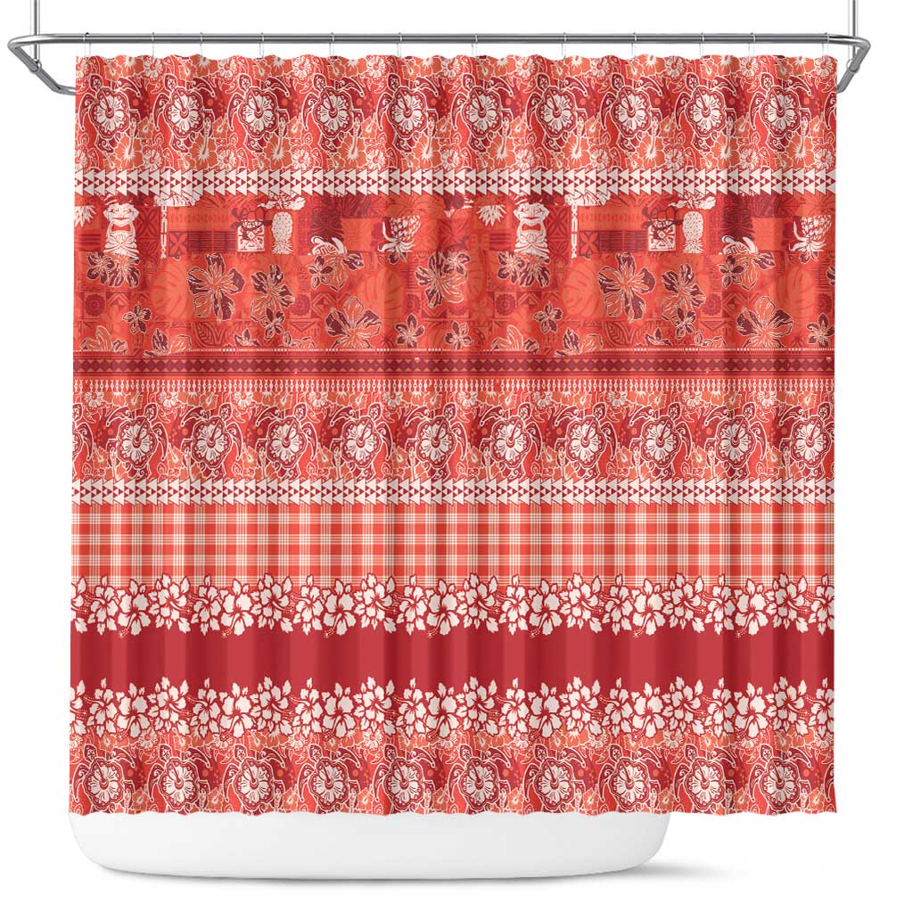 Hawaiian Hibiscus Honu Shower Curtain Red Mele Kalikimaka Palaka Spirit - Polynesian Pride