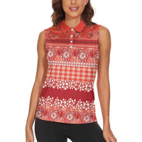 Hawaiian Hibiscus Honu Women Sleeveless Polo Shirt Red Mele Kalikimaka Palaka Spirit - Polynesian Pride