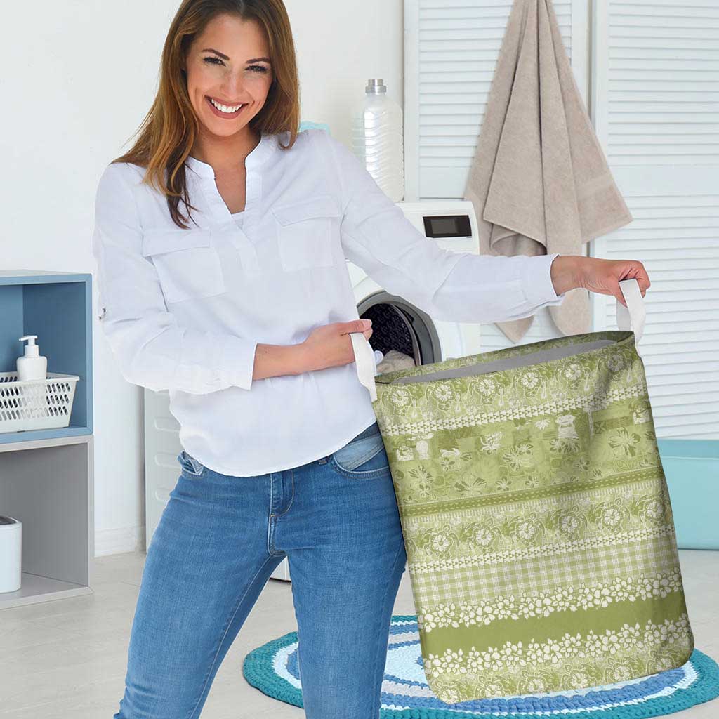 Hawaiian Hibiscus Honu Laundry Basket Sage Green Mele Kalikimaka Palaka Spirit - Polynesian Pride