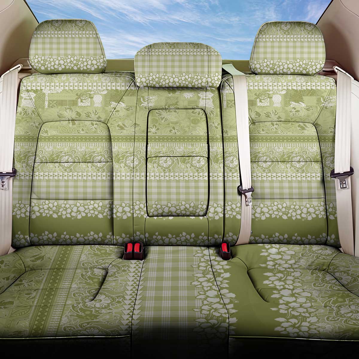 Hawaiian Hibiscus Honu Back Car Seat Cover Sage Green Mele Kalikimaka Palaka Spirit - Polynesian Pride