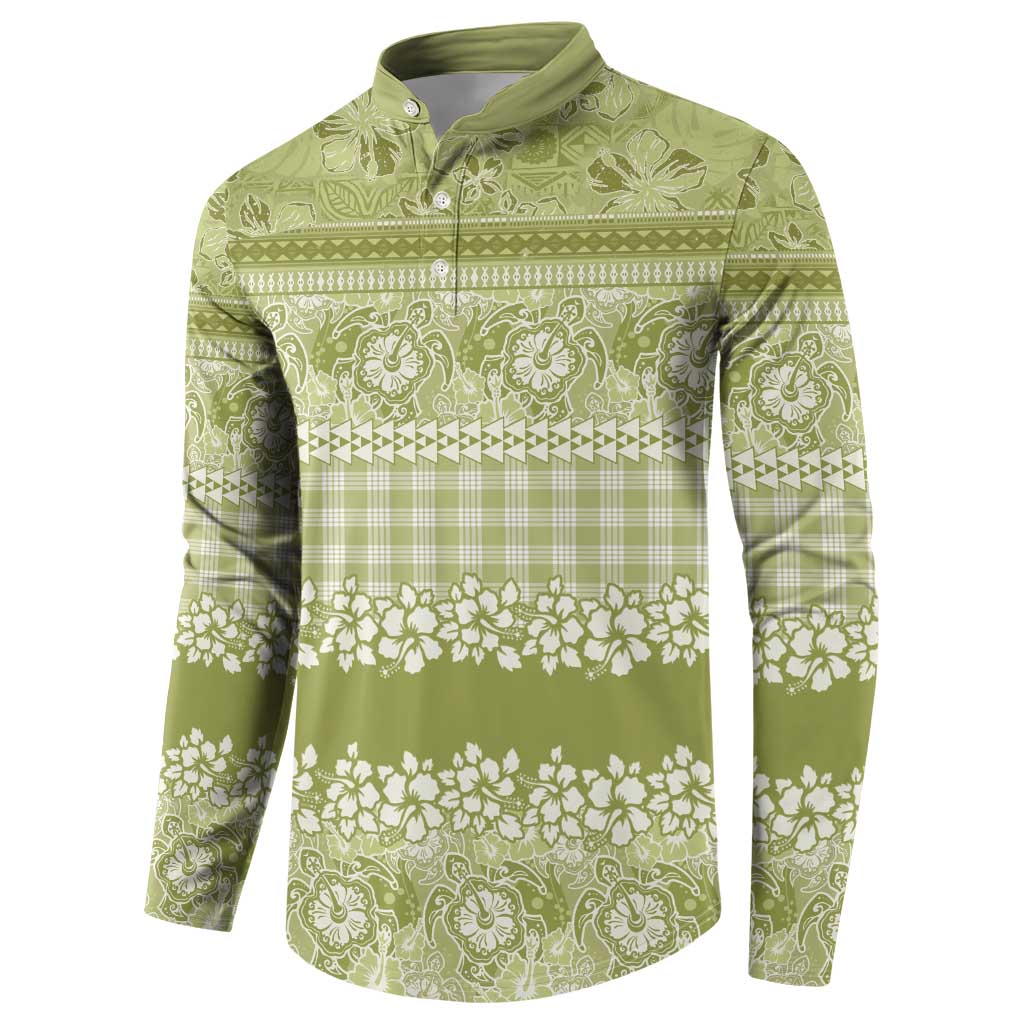 Hawaiian Hibiscus Honu Button Sweatshirt Sage Green Mele Kalikimaka Palaka Spirit - Polynesian Pride