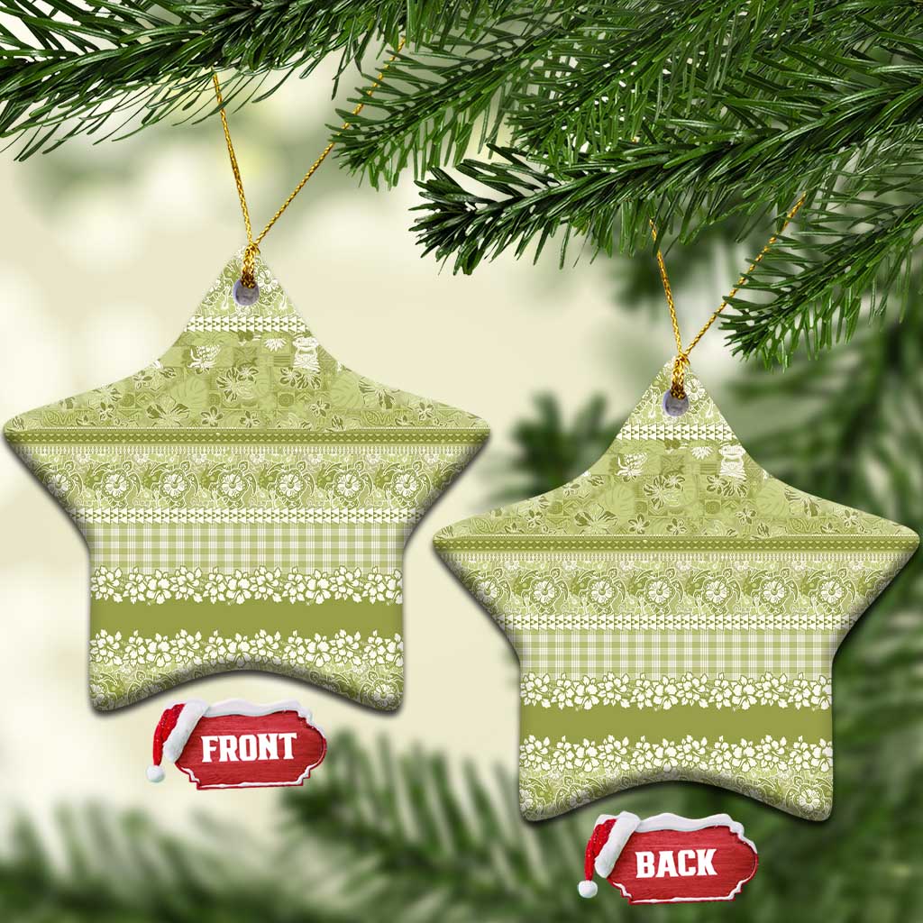 Hawaiian Hibiscus Honu Ceramic Ornament Sage Green Mele Kalikimaka Palaka Spirit - Polynesian Pride