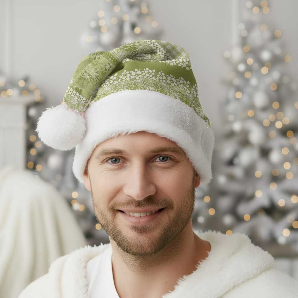 Hawaiian Hibiscus Honu Christmas Santa Hat Sage Green Mele Kalikimaka Palaka Spirit - Polynesian Pride
