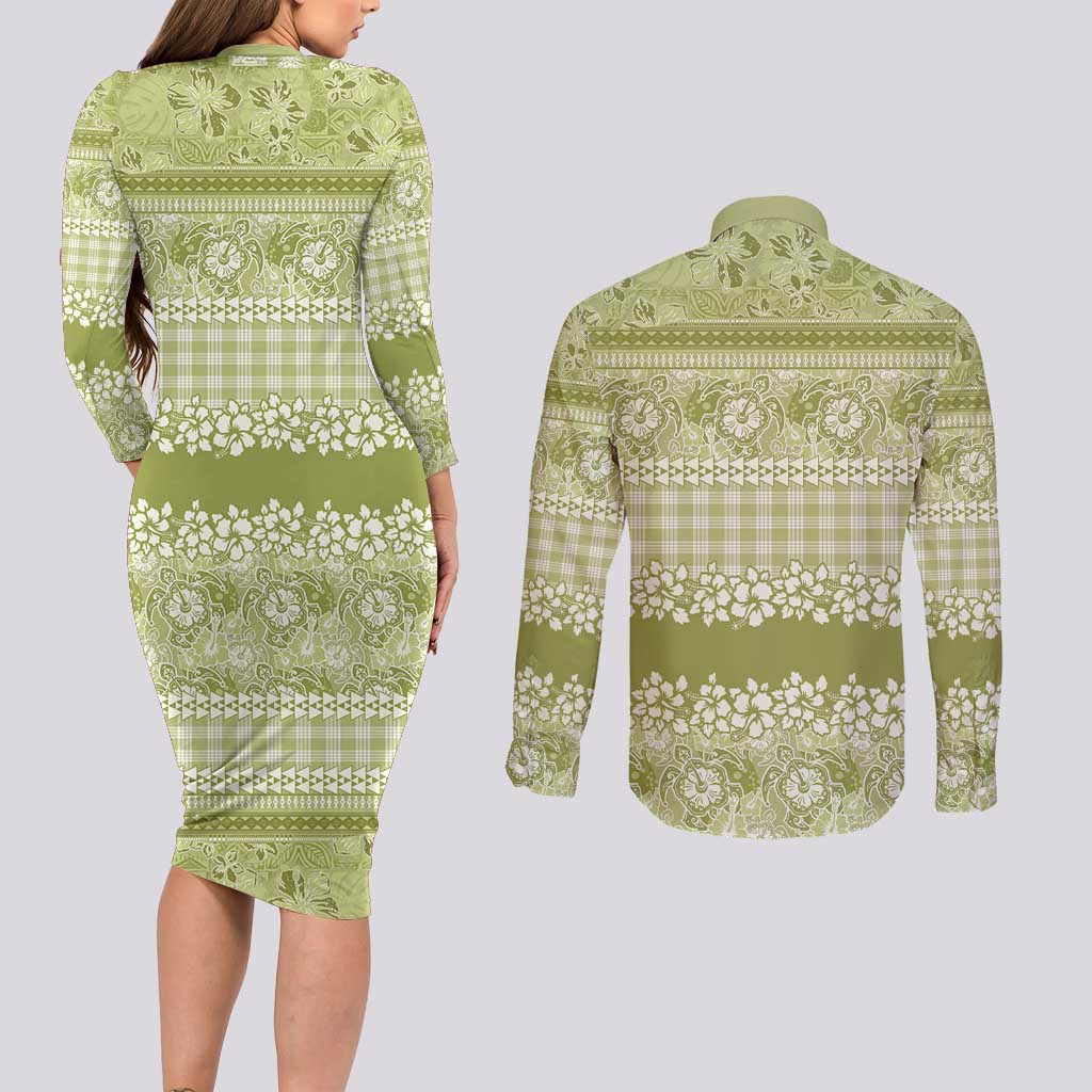 Hawaiian Hibiscus Honu Couples Matching Long Sleeve Bodycon Dress and Long Sleeve Button Shirt Sage Green Mele Kalikimaka Palaka Spirit - Polynesian Pride