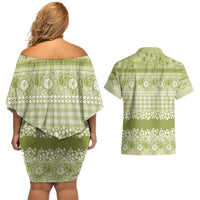 Hawaiian Hibiscus Honu Couples Matching Off Shoulder Short Dress and Hawaiian Shirt Sage Green Mele Kalikimaka Palaka Spirit - Polynesian Pride