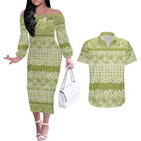 Hawaiian Hibiscus Honu Couples Matching Off The Shoulder Long Sleeve Dress and Hawaiian Shirt Sage Green Mele Kalikimaka Palaka Spirit - Polynesian Pride