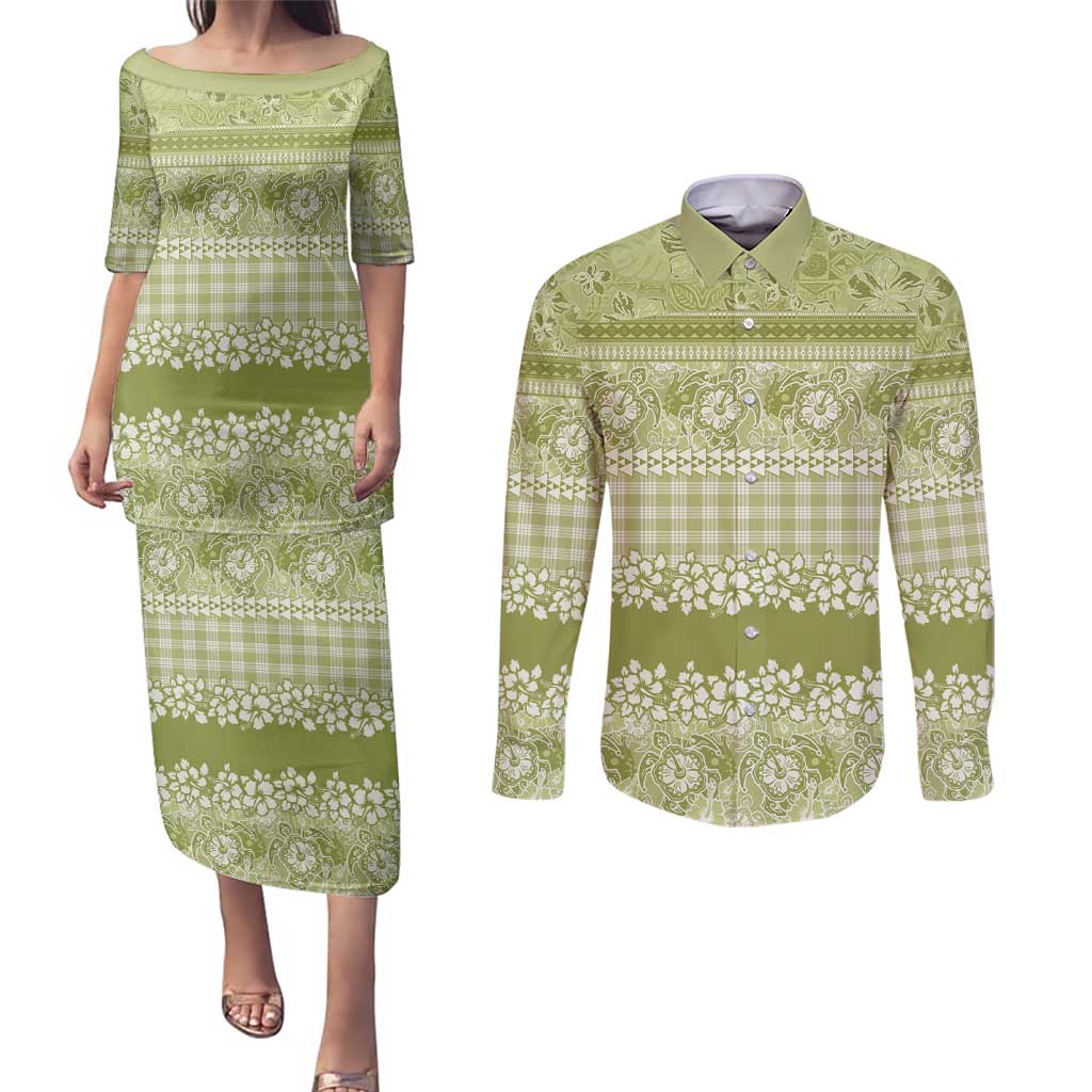 Hawaiian Hibiscus Honu Couples Matching Puletasi and Long Sleeve Button Shirt Sage Green Mele Kalikimaka Palaka Spirit - Polynesian Pride