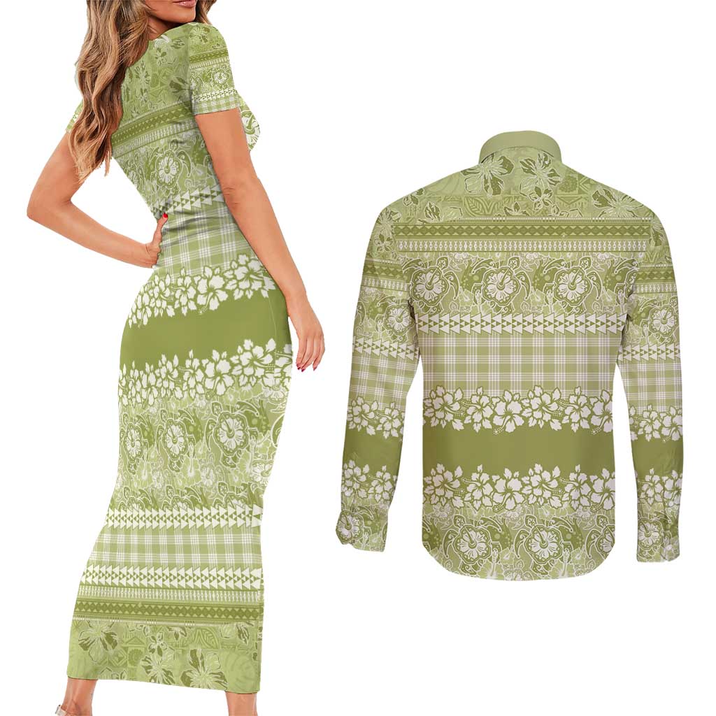 Hawaiian Hibiscus Honu Couples Matching Short Sleeve Bodycon Dress and Long Sleeve Button Shirt Sage Green Mele Kalikimaka Palaka Spirit - Polynesian Pride