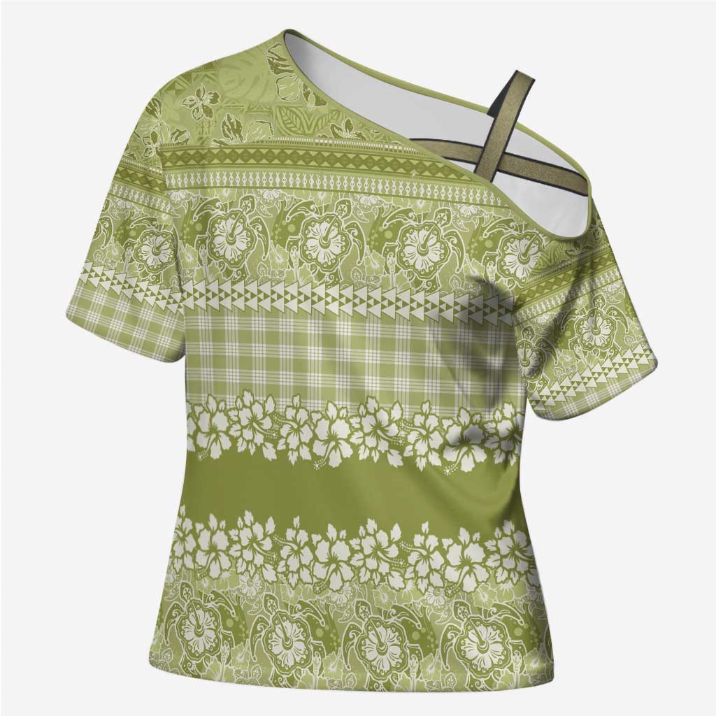 Hawaiian Hibiscus Honu Cross Shoulder Shirt Sage Green Mele Kalikimaka Palaka Spirit - Polynesian Pride