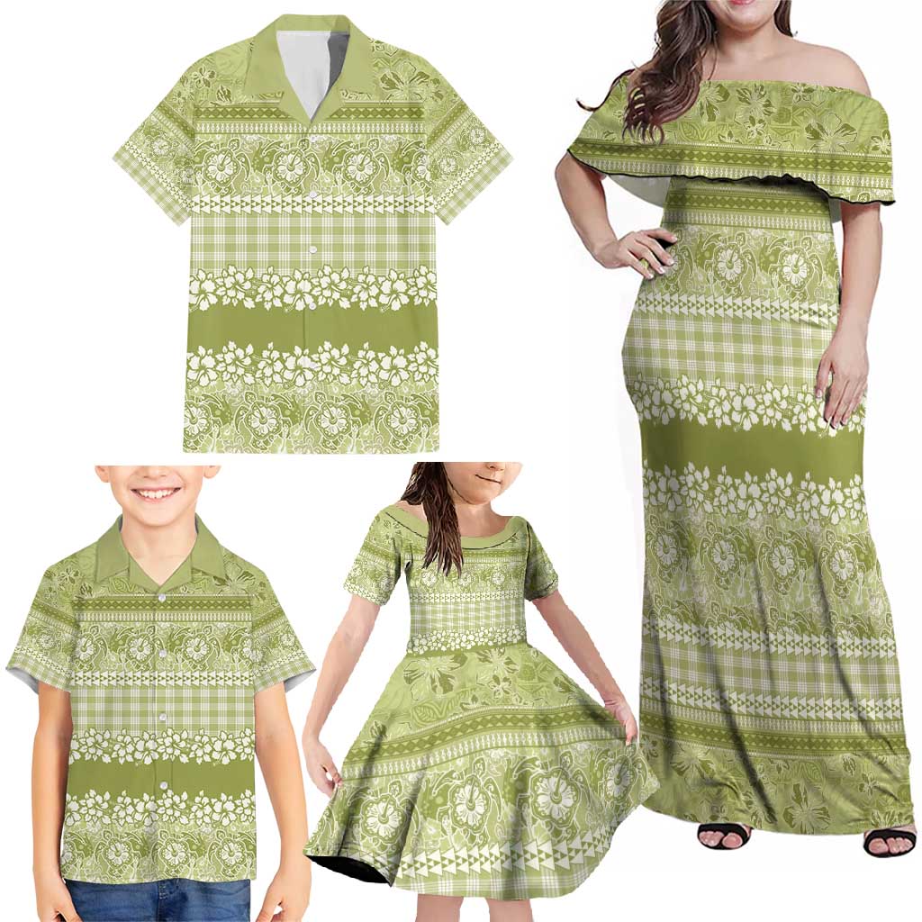Hawaiian Hibiscus Honu Family Matching Off Shoulder Maxi Dress and Hawaiian Shirt Sage Green Mele Kalikimaka Palaka Spirit - Polynesian Pride