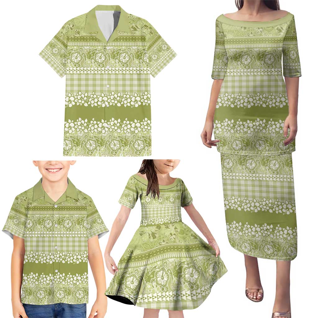 Hawaiian Hibiscus Honu Family Matching Puletasi and Hawaiian Shirt Sage Green Mele Kalikimaka Palaka Spirit - Polynesian Pride