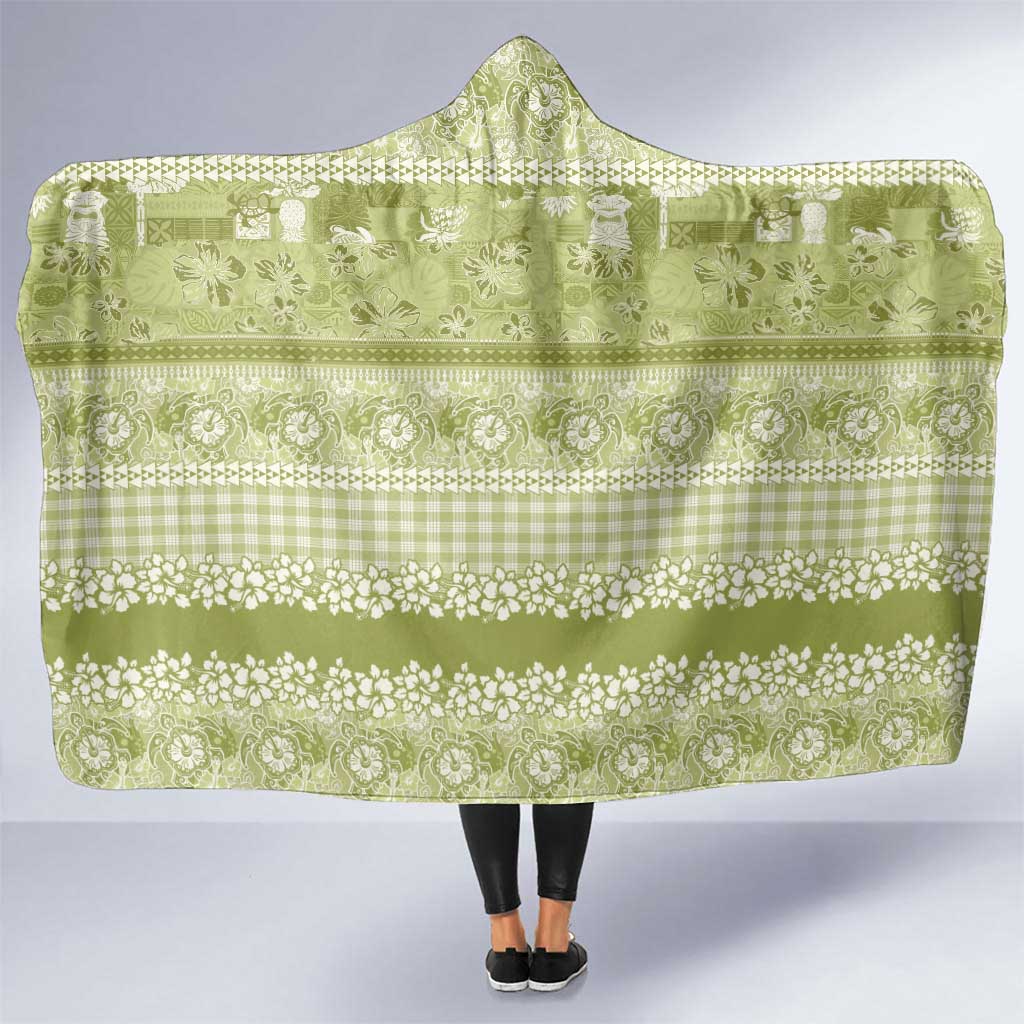 Hawaiian Hibiscus Honu Hooded Blanket Sage Green Mele Kalikimaka Palaka Spirit - Polynesian Pride