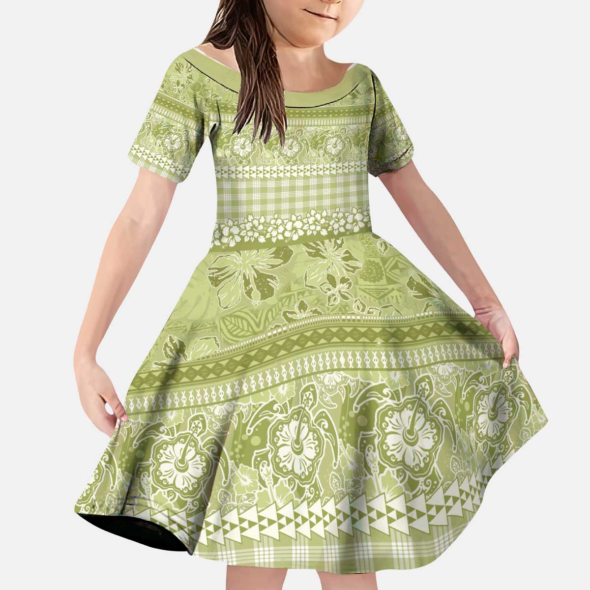 Hawaiian Hibiscus Honu Kid Short Sleeve Dress Sage Green Mele Kalikimaka Palaka Spirit - Polynesian Pride