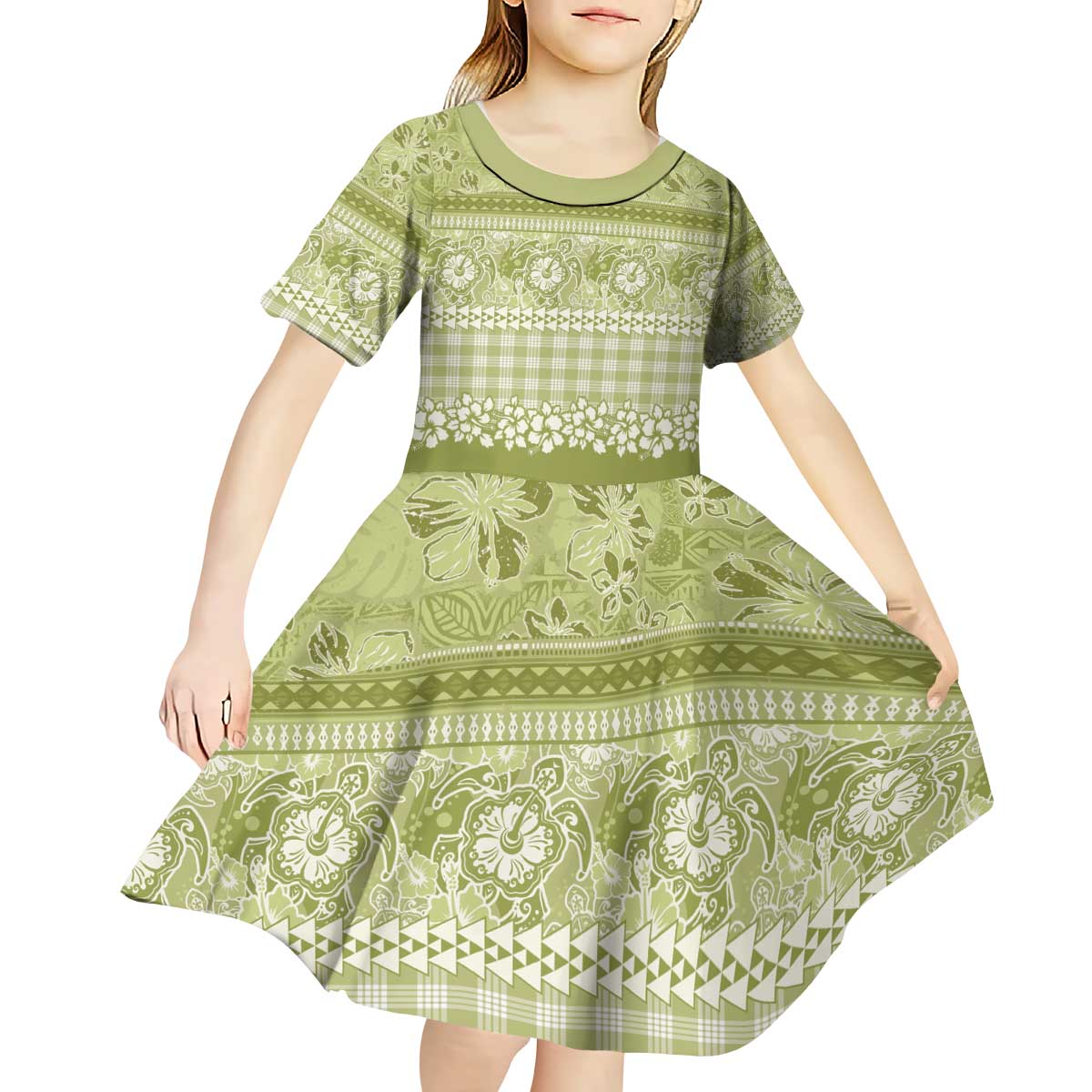 Hawaiian Hibiscus Honu Kid Short Sleeve Dress Sage Green Mele Kalikimaka Palaka Spirit - Polynesian Pride