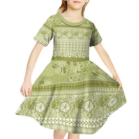 Hawaiian Hibiscus Honu Kid Short Sleeve Dress Sage Green Mele Kalikimaka Palaka Spirit - Polynesian Pride