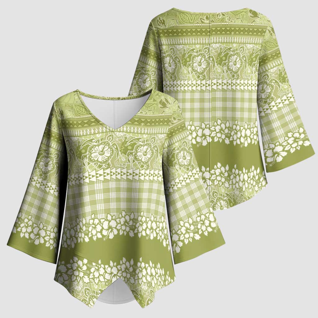 Hawaiian Hibiscus Honu Kimono Sleeve Blouse Sage Green Mele Kalikimaka Palaka Spirit - Polynesian Pride