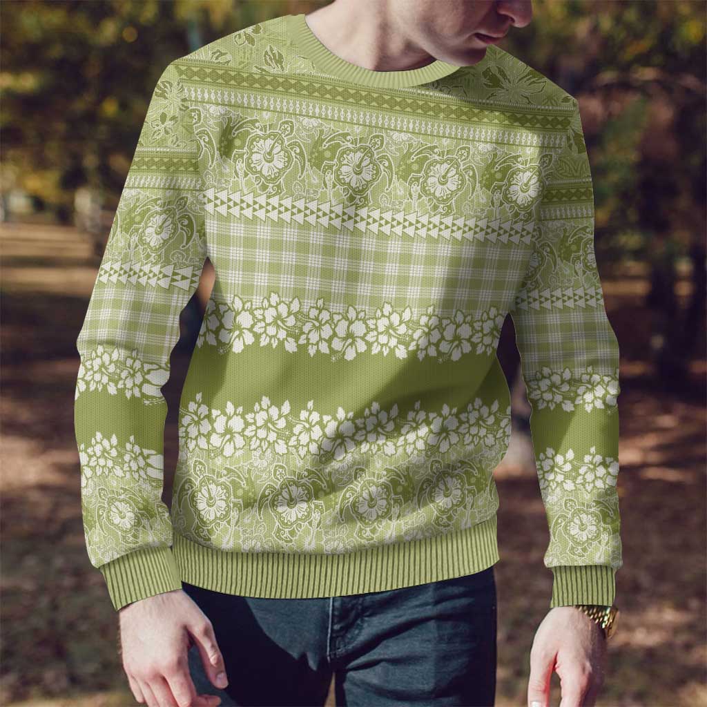 Hawaiian Hibiscus Honu Ugly Christmas Sweater Sage Green Mele Kalikimaka Palaka Spirit - Polynesian Pride