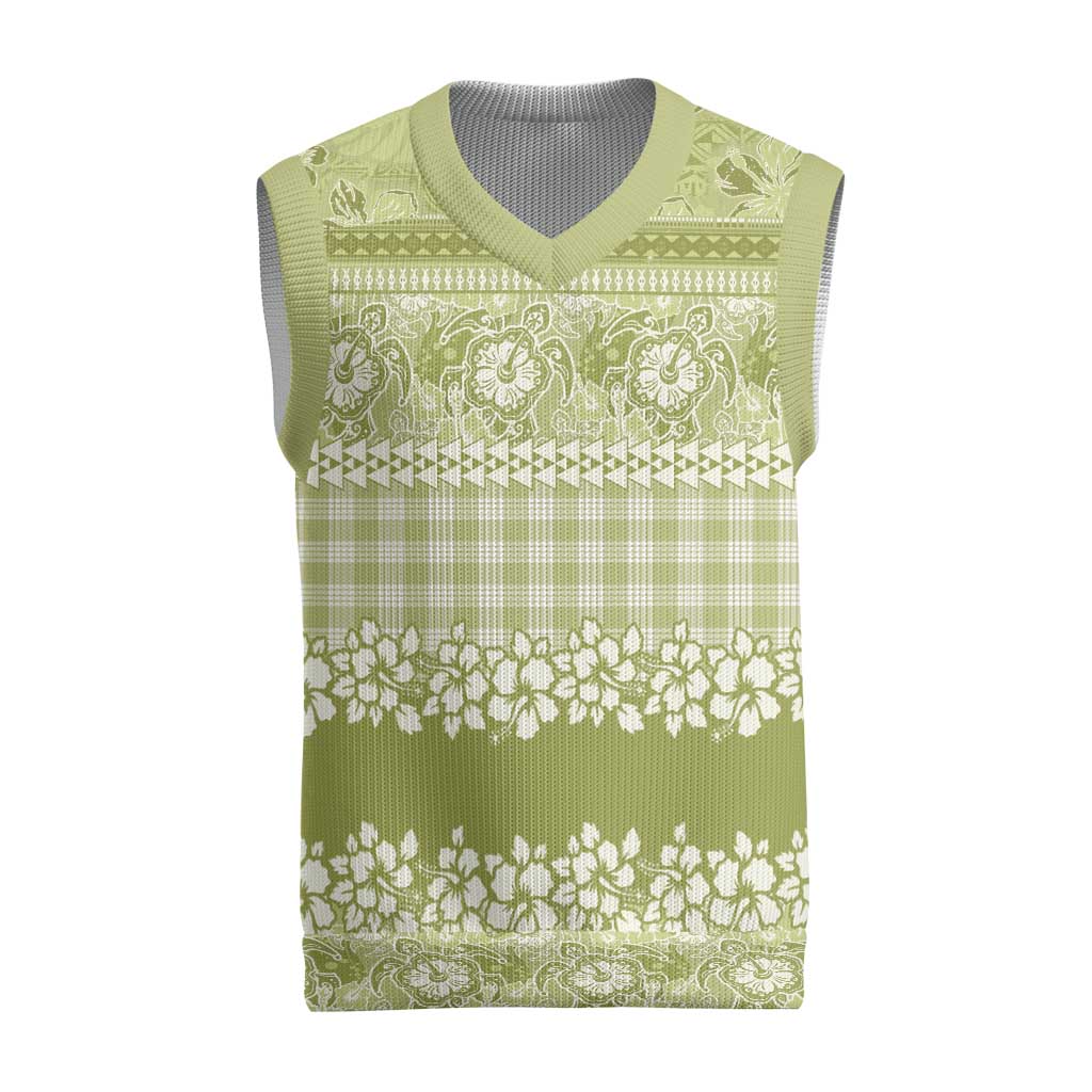 Hawaiian Hibiscus Honu Christmas Knitted V-Neck Vest Sage Green Mele Kalikimaka Palaka Spirit - Polynesian Pride