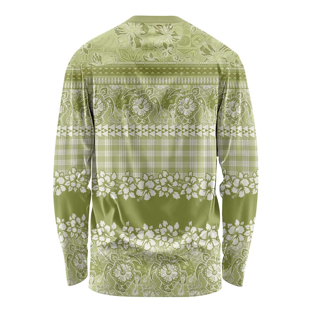 Hawaiian Hibiscus Honu Long Sleeve Shirt Sage Green Mele Kalikimaka Palaka Spirit - Polynesian Pride