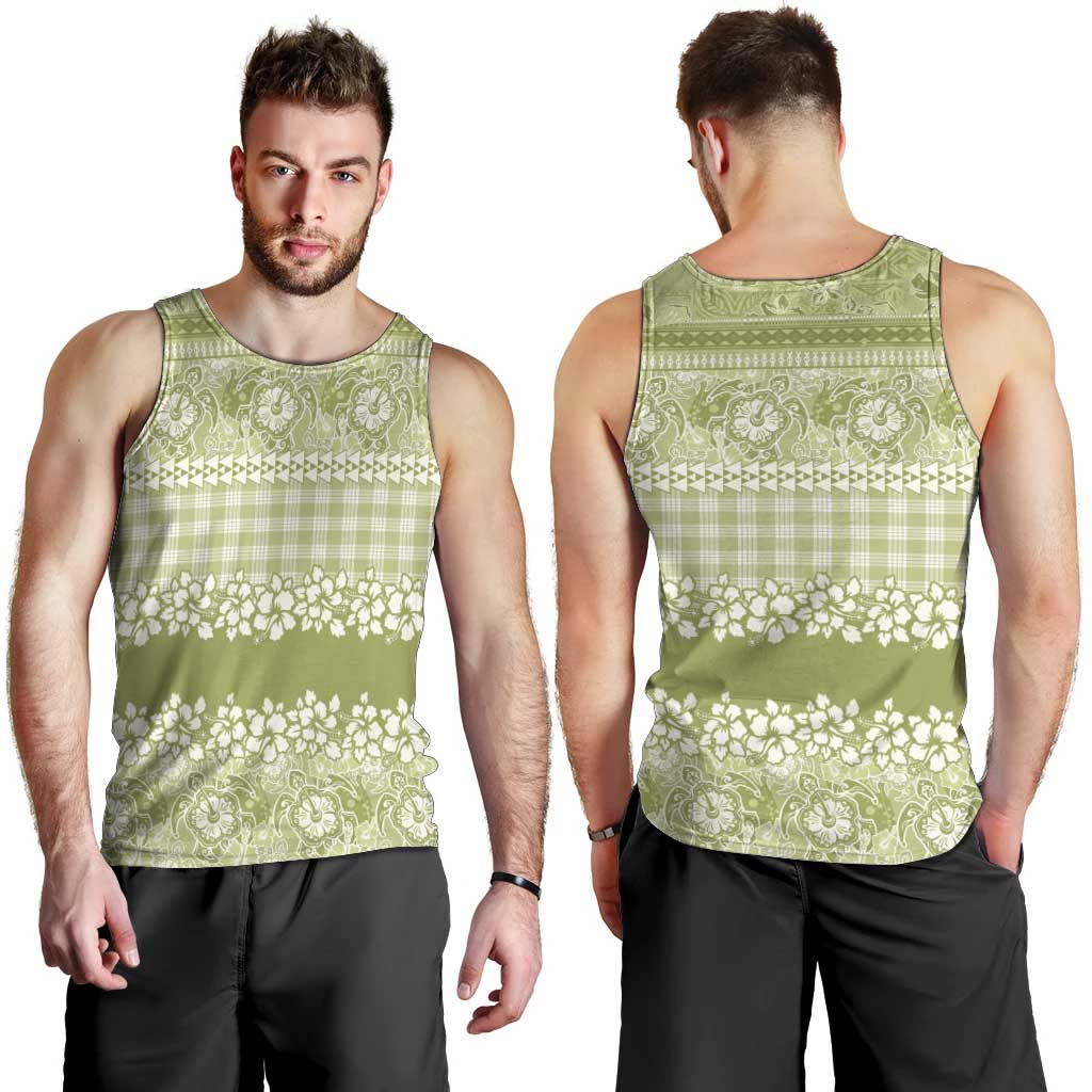 Hawaiian Hibiscus Honu Men Tank Top Sage Green Mele Kalikimaka Palaka Spirit - Polynesian Pride