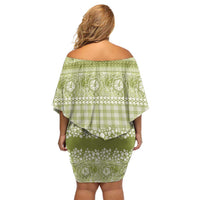 Hawaiian Hibiscus Honu Off Shoulder Short Dress Sage Green Mele Kalikimaka Palaka Spirit - Polynesian Pride