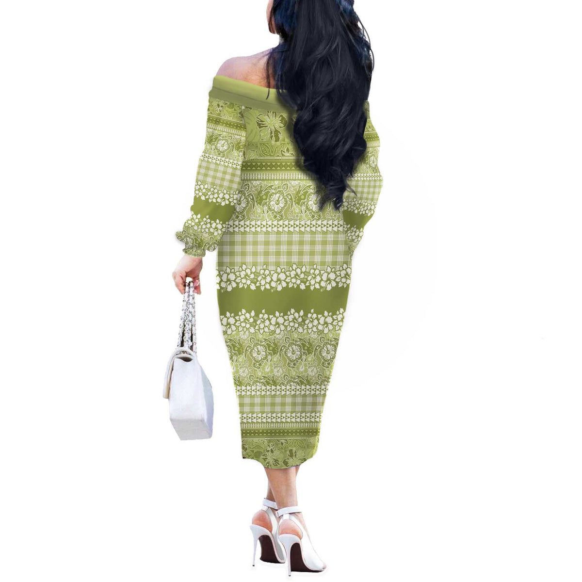 Hawaiian Hibiscus Honu Off The Shoulder Long Sleeve Dress Sage Green Mele Kalikimaka Palaka Spirit - Polynesian Pride