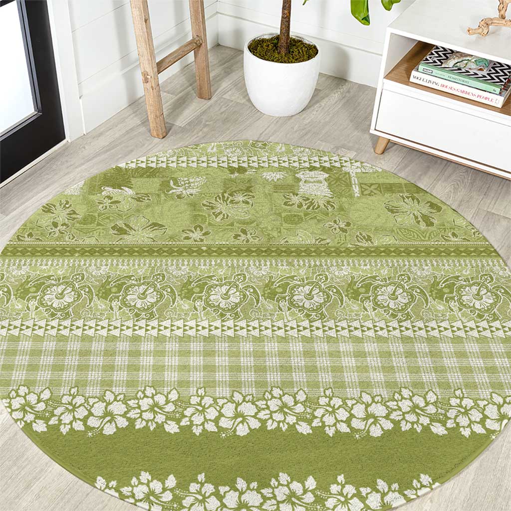Hawaiian Hibiscus Honu Round Carpet Sage Green Mele Kalikimaka Palaka Spirit - Polynesian Pride