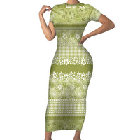 Hawaiian Hibiscus Honu Short Sleeve Bodycon Dress Sage Green Mele Kalikimaka Palaka Spirit - Polynesian Pride