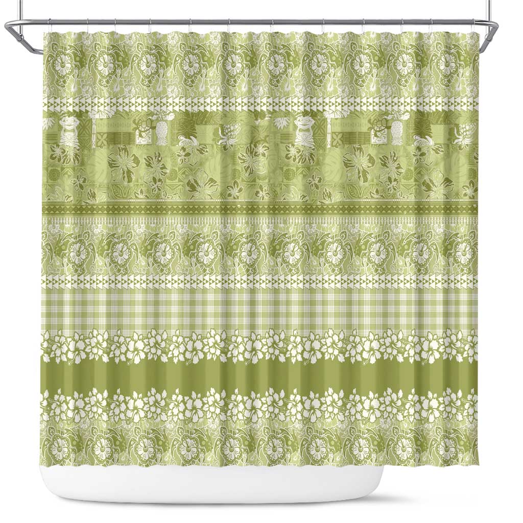 Hawaiian Hibiscus Honu Shower Curtain Sage Green Mele Kalikimaka Palaka Spirit - Polynesian Pride