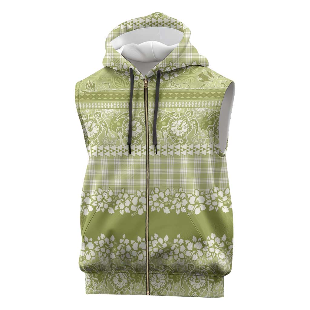 Hawaiian Hibiscus Honu Sleeveless Zip Hoodie Sage Green Mele Kalikimaka Palaka Spirit - Polynesian Pride