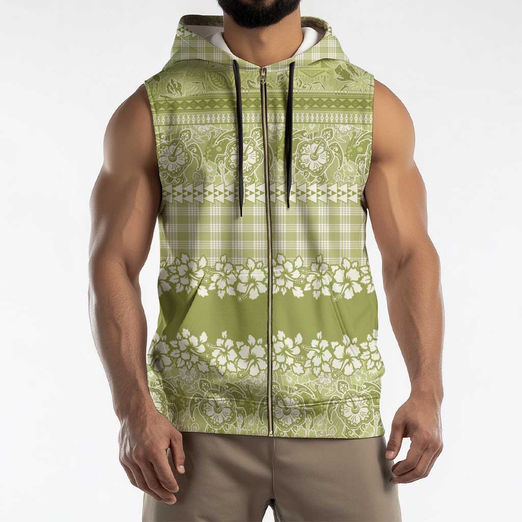 Hawaiian Hibiscus Honu Sleeveless Zip Hoodie Sage Green Mele Kalikimaka Palaka Spirit - Polynesian Pride