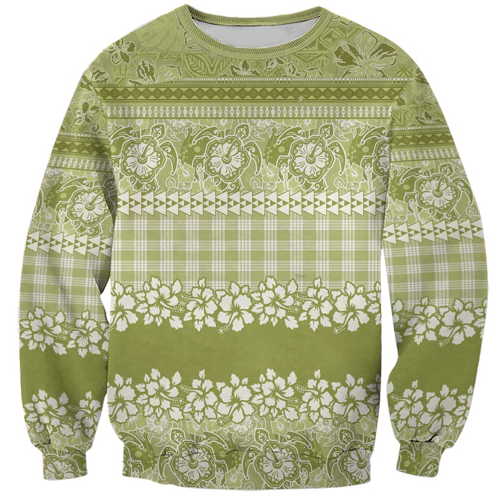 Hawaiian Hibiscus Honu Sweatshirt Sage Green Mele Kalikimaka Palaka Spirit - Polynesian Pride