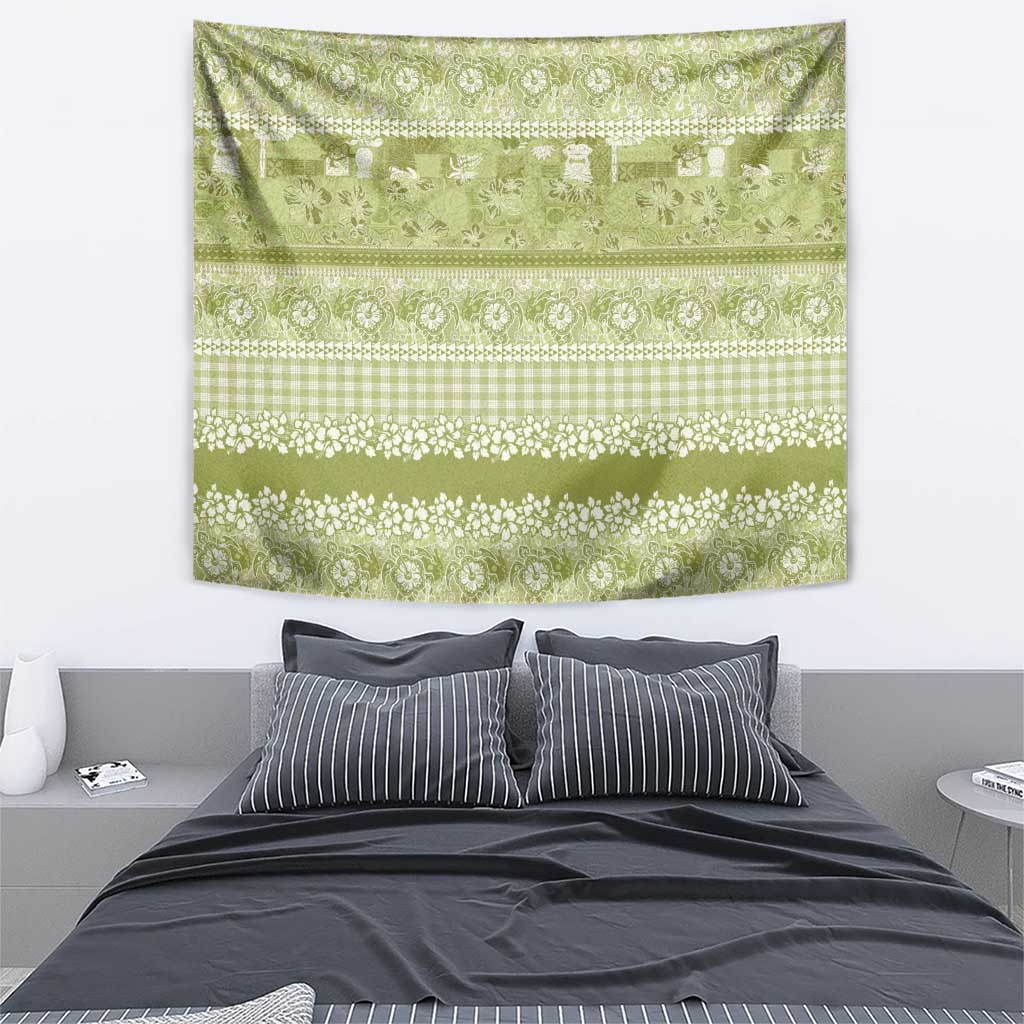 Hawaiian Hibiscus Honu Tapestry Sage Green Mele Kalikimaka Palaka Spirit - Polynesian Pride