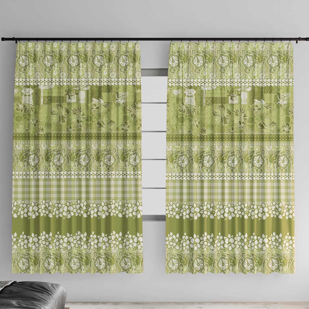 Hawaiian Hibiscus Honu Window Curtain Sage Green Mele Kalikimaka Palaka Spirit - Polynesian Pride